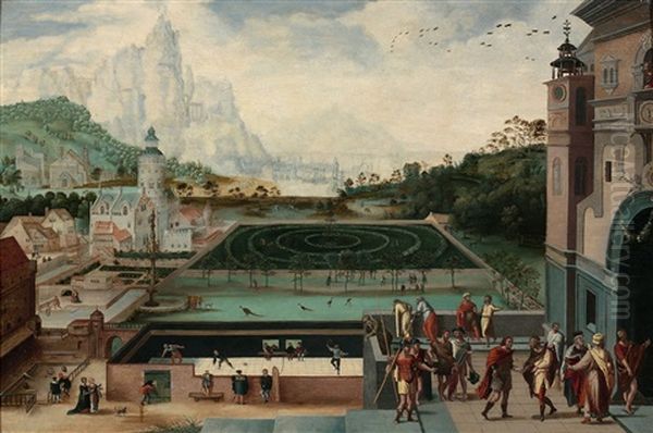 Scenes De L'histoire De David Et Bethsabee Dans Les Jardins D'un Palais Renaissance Oil Painting by Lucas Gassel