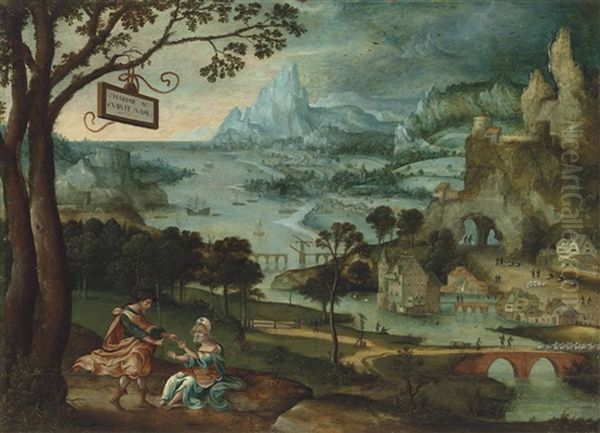 A Panoramic River Landscape With Judah And Tamar Oil Painting by Lucas Gassel