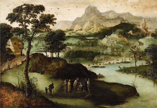 A Panoramic Landscape With Christ Healing The Blind Man Oil Painting by Lucas Gassel