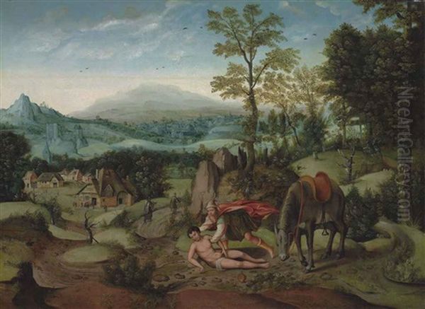 An Extensive Mountainous Landscape With The Good Samaritan Oil Painting by Lucas Gassel