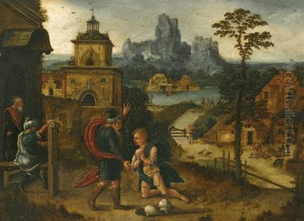 A Landscape With The Return Of The Prodigal Son Oil Painting by Lucas Gassel