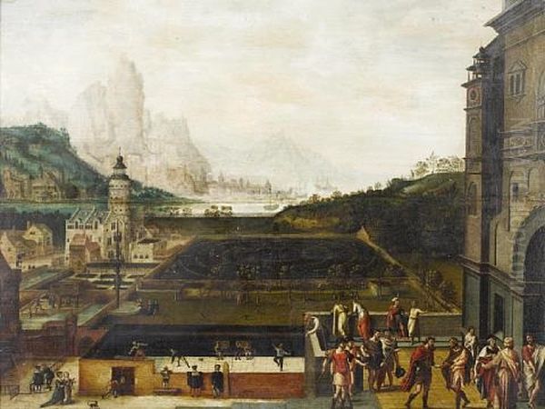 The Grounds Of A Renaissance Palace With Episodes From The Story Of David And Bathsheba, An Extensive Landscape With Mountains And A Harbor Beyond Oil Painting by Lucas Gassel