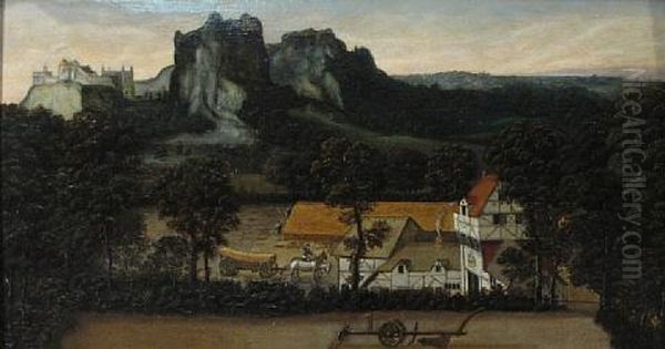 An Extensive Landscape With Workers Harvesting Wheat In The Foreground Oil Painting by Lucas Gassel