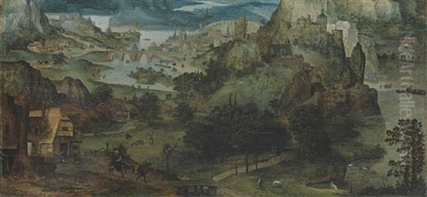 An Extensive Landscape With The Flight Into Egypt Oil Painting by Lucas Gassel