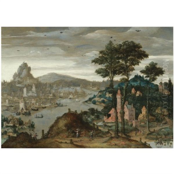 A Fantasy Mountainous River Landscape With Ships Moored Before A Distant City Oil Painting by Lucas Gassel