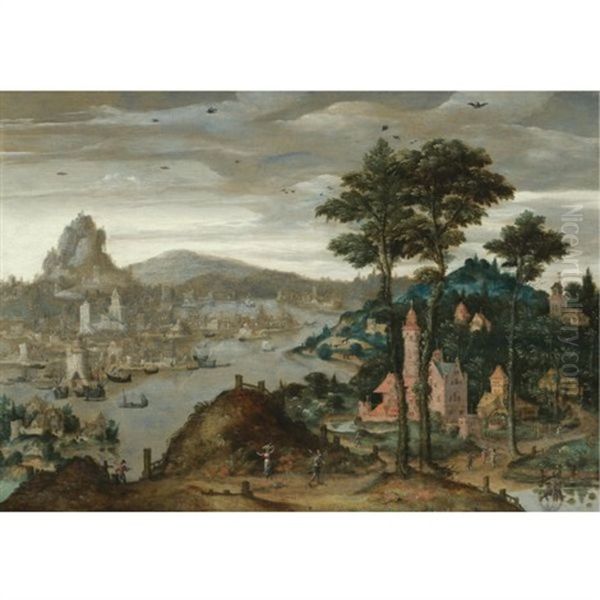 A Fantasy Mountainous River Landscape With Ships Moored Before A Distant City Oil Painting by Lucas Gassel