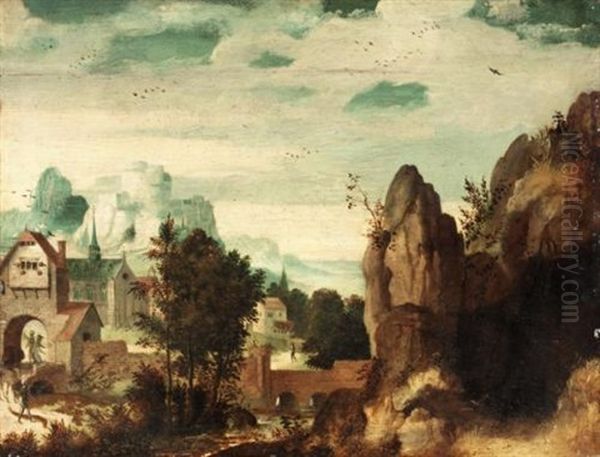 Landscape With A Mountaintop Castle Above A Walled Town Oil Painting by Lucas Gassel