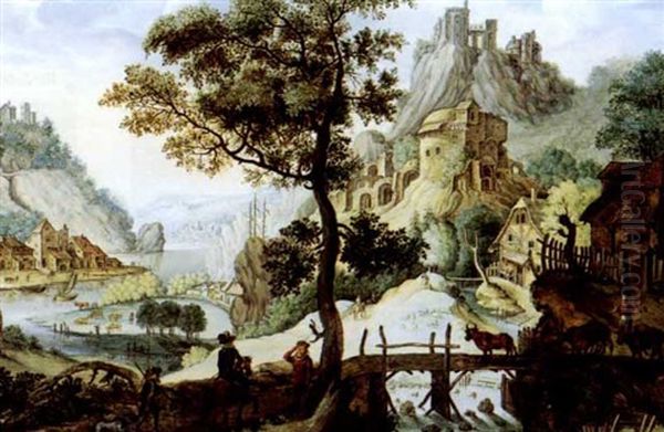 Fantastic Landscape With Castles And Figures Oil Painting by Lucas Gassel