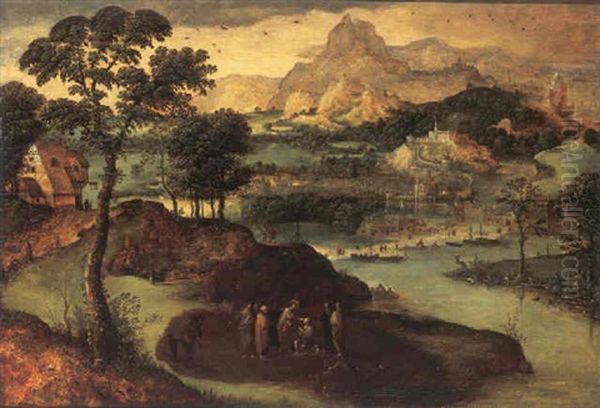 An Extensive Landscape With Christ Healing The Blind Man Oil Painting by Lucas Gassel