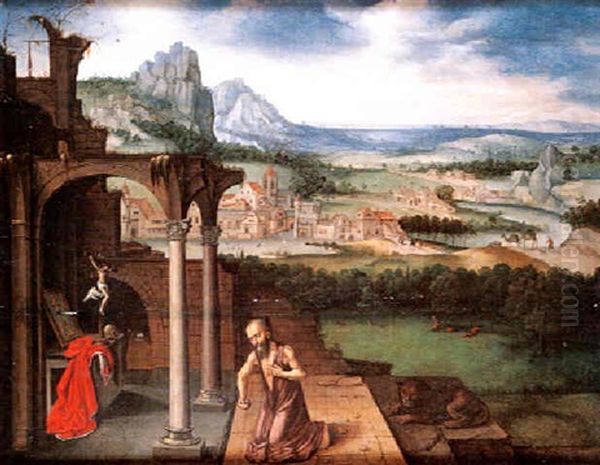 L'oraison De Saint Jerome Dans Un Paysage Panoramique by Lucas Gassel