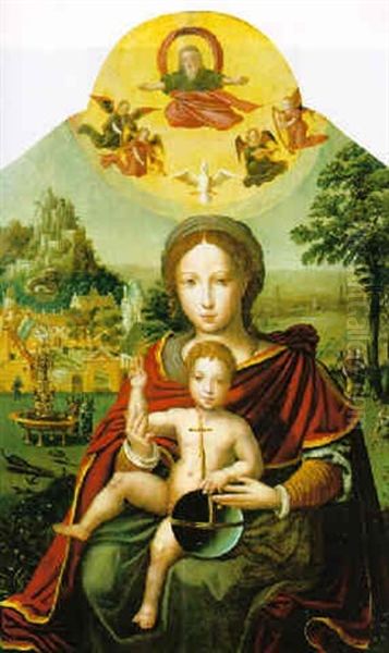 Maria Mit Dem Jesusknaben, Die Weltkugel Haltend In Einer Landschaft Oil Painting by Lucas Gassel