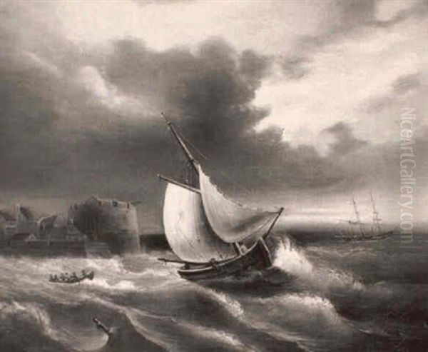 Un Bateau Dans Une Mer Forte Au Large D'une Cote Et D'un    Port Oil Painting by Theophil (Gottlieb) Gassen