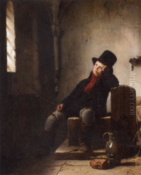 An Allegory Of Freedom, A Boy In An Interior With A Top Hat Oil Painting by Jean Bruno Gassies