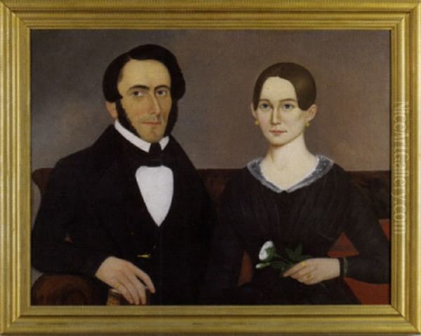 Portrait Of Mr. And Mrs. Colbey Sitting On A Sofa, The Man Holding A Book, The Woman Holding A Flower Oil Painting by George Gassner