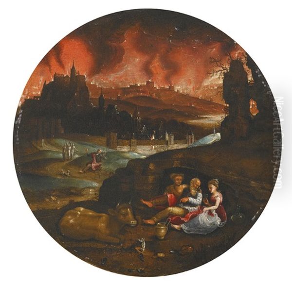 Lot With His Daughters, Sodom And Gomorrah Burning In The Distance Oil Painting by Michiel De Gast