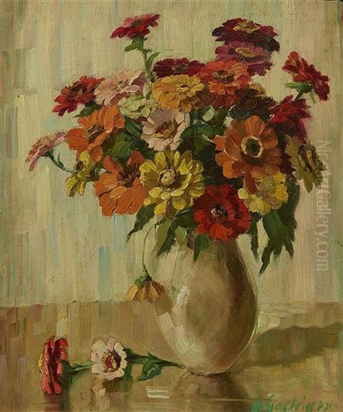 Still Life With Zinnias Oil Painting by Anna Gasteiger