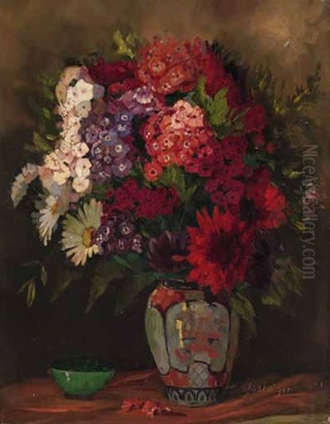 Wiesenblumenstraus In Einer Japanischen Vase, Daneben Eine Grune Schale Oil Painting by Anna Gasteiger