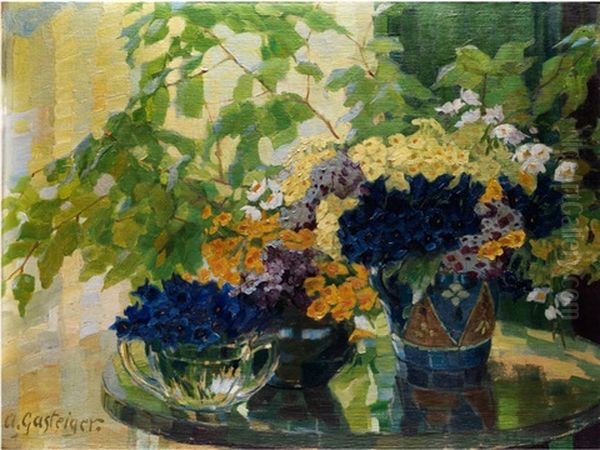 Blumenstilleben Mit Primeln Und Enzian Oil Painting by Anna Gasteiger