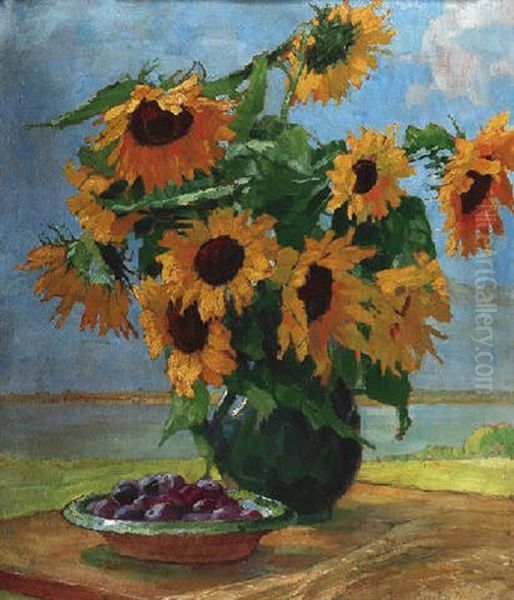 Ein Straus Sonneblumen Und Eine Schale Mit Pflaumen Vor Fluslandschaft Oil Painting by Anna Gasteiger