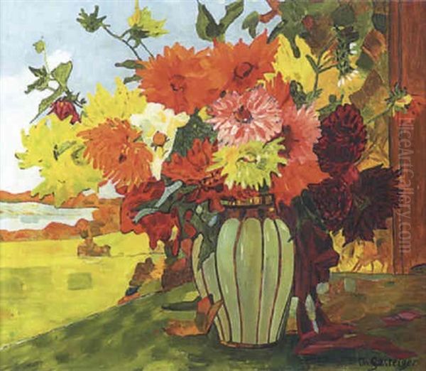 Sommer-blumenstraus Mit Landschaftshintergrund Oil Painting by Anna Gasteiger