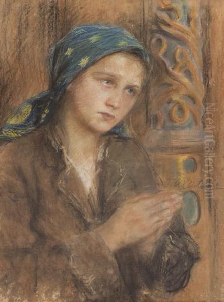 Young Girl Praying In A Blue Scarf Oil Painting by Teodor Axentowicz