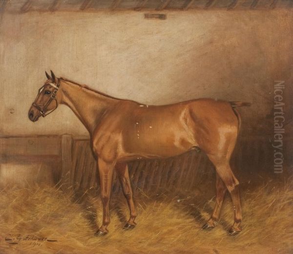 Bay Mare In A Stable Oil Painting by Charles E. Gatehouse