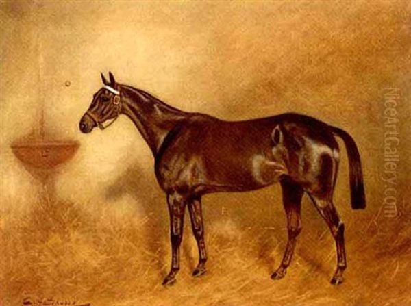 A Bay Hunter In A Stable Oil Painting by Charles E. Gatehouse