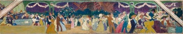 Le Moulin De La Galette (maquette De Decor) (in 4 Panels) (+ Sketch, Verso) Oil Painting by Pierre Louis Gatier