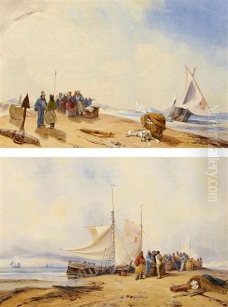 2 Gemalde Mit Fischern An Der Kuste, Vermutlich Helgoland (pair) Oil Painting by Heinrich Gaetke