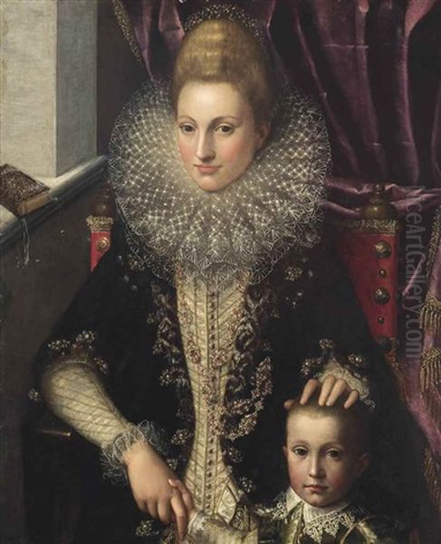 Portrait Of A Lady, Half-length, In An Embroidered Dress With A Lace Ruff And Bejewelled Headpiece, With Her Son, In An Interior Oil Painting by Gervasio Gatti