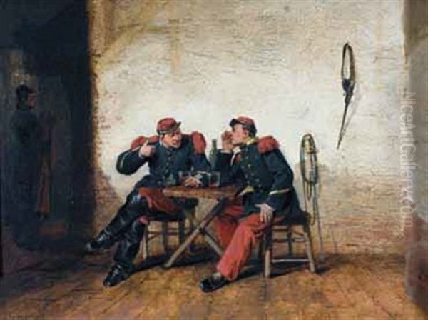 Zwei Soldaten Im Interieur Oil Painting by Alfred-Emile Gaubault