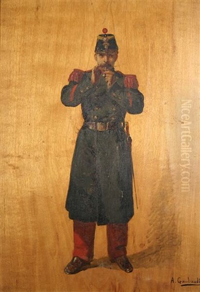 Soldier Smoking A Pipe (+ Soldier Standing With Sword; 2 Works) Oil Painting by Alfred-Emile Gaubault