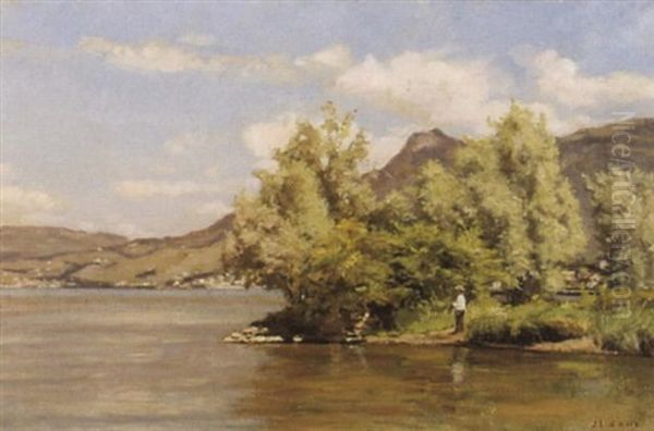 Sommerliche Seelandschaft Mit Angler Oil Painting by Jules Gaud