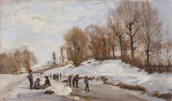 Enfants Patinant Sur La Riviere Oil Painting by Leon Gaud