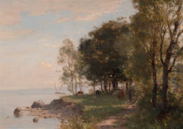 Uferlandschaft Mit Weidenden Kuhen Und Segelboot by Leon Gaud