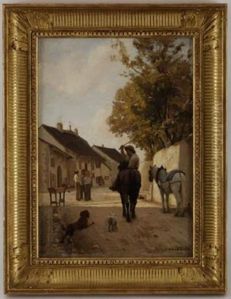 Ruelle De Village, Personnage, Ane Et Chiens Oil Painting by Leon Gaud