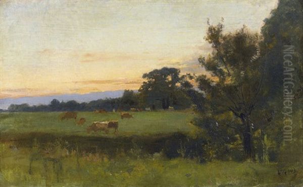 Abendliche Landschaft Mit Weidenden Kuhen Oil Painting by Leon Gaud