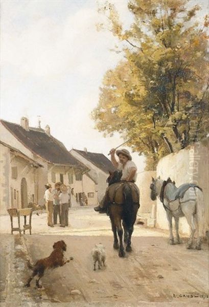 Dorfstrasse Mit Reiter Und Hunden Oil Painting by Leon Gaud