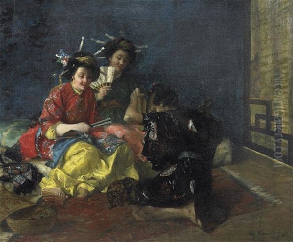 Zwei Japanische Frauen Im Kimono Lauschen Einem Musiker Oil Painting by Alphonse Gaudefroy