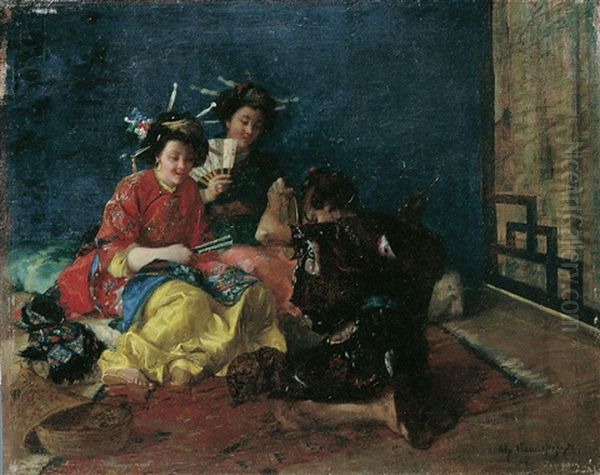 Zwei Japanerinnen Lassen Sich Von Einem Musiker Unterhalten Oil Painting by Alphonse Gaudefroy