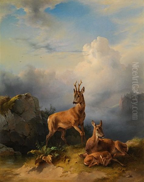 Deer Family Oil Painting by Friedrich Gauermann