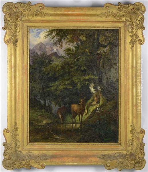 Mountain Landscape With A Pair Of Deer Oil Painting by Friedrich Gauermann