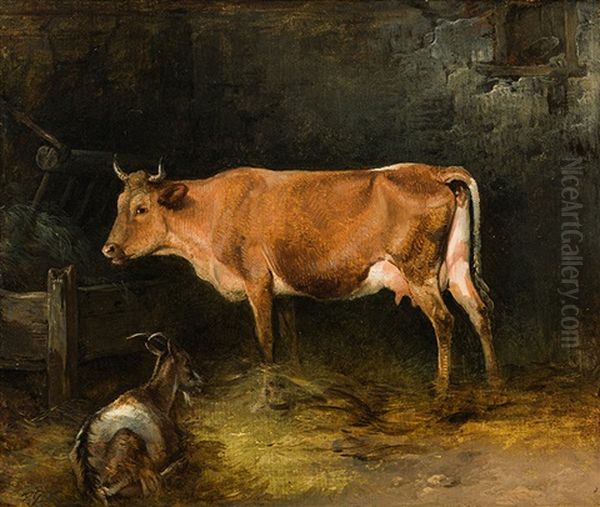 Cow And Goat In A Stable Oil Painting by Friedrich Gauermann