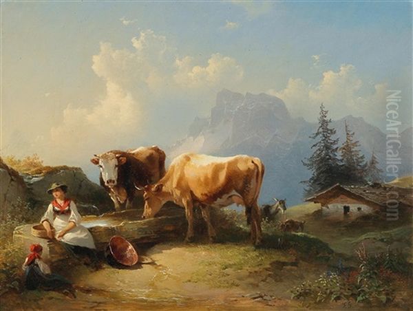 Dairymaid With Girl And Two Cows On The Grand Oil Painting by Friedrich Gauermann