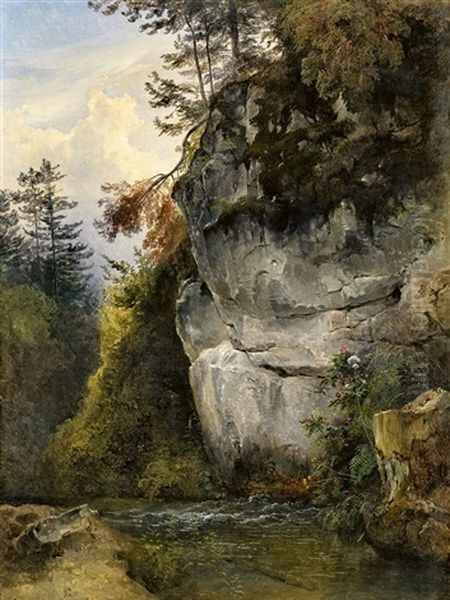 Felsblock An Einem Bach Oil Painting by Friedrich Gauermann