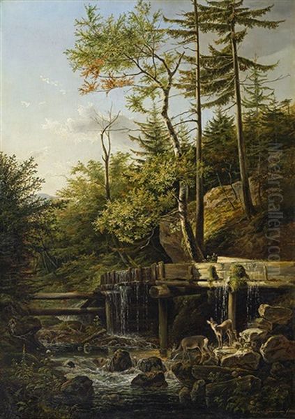 Deers At A Brook Oil Painting by Friedrich Gauermann