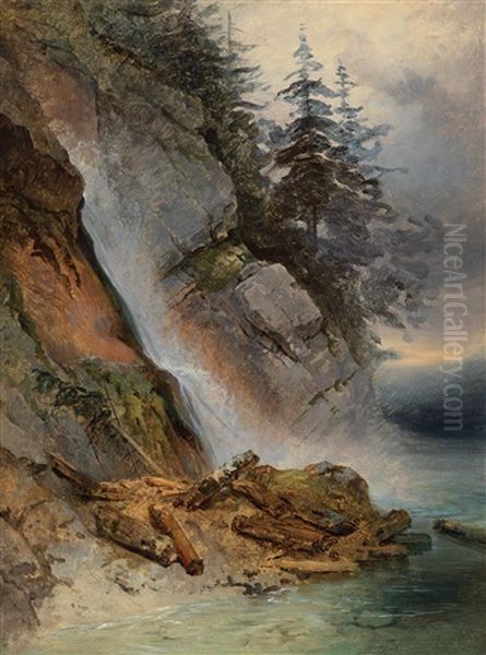 Cascading Water Oil Painting by Friedrich Gauermann