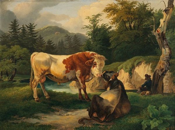 A Mountain Pasture Near Miesenbach Oil Painting by Friedrich Gauermann