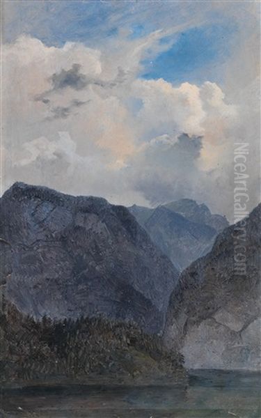 Mountain Lake (with Pencil Sketch, Verso) Oil Painting by Friedrich Gauermann