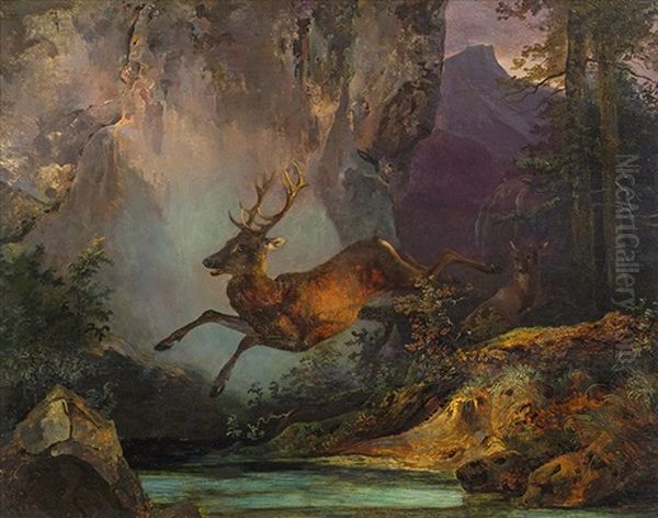 Jumping Stag Oil Painting by Friedrich Gauermann